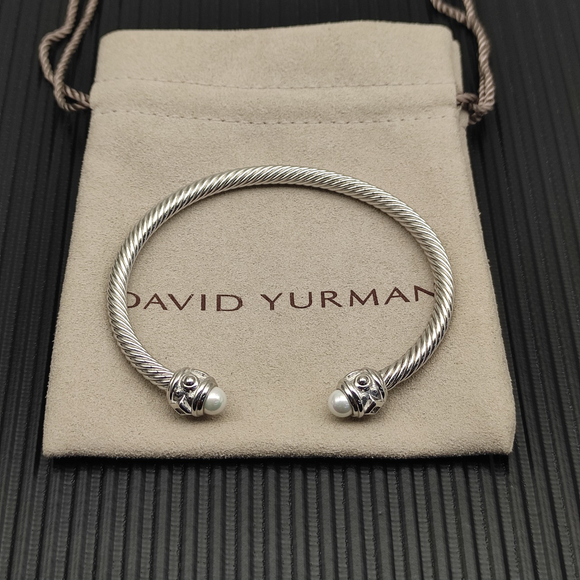 David Yurman Silver 4mm Diamond Pearl Bangle